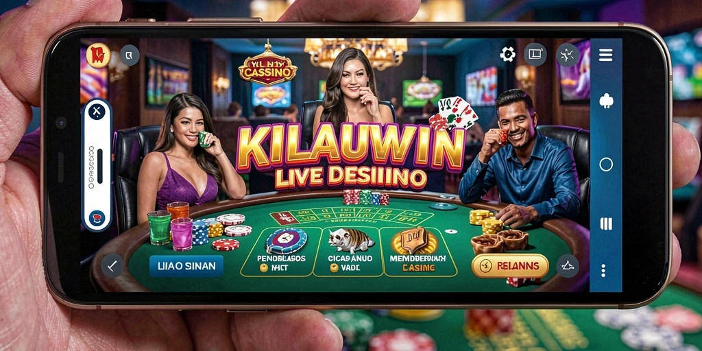 Screenshot gameplay KILAUWIN menampilkan dealer langsung dan suasana kasino yang seru.