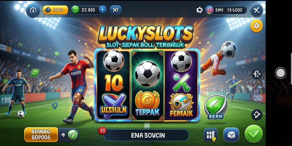 Tampilan gameplay LUCKYSLOTS yang penuh aksi dan tema sepak bola.