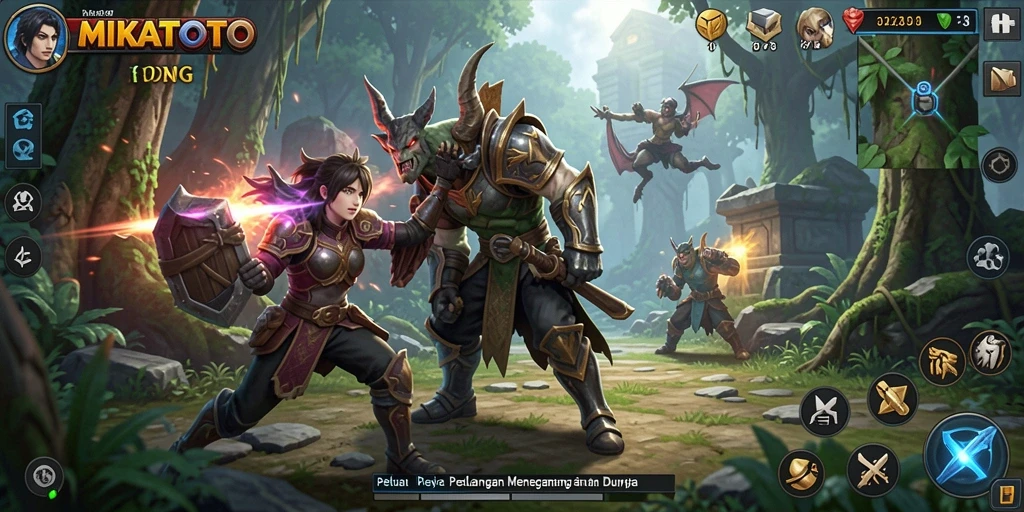 Screenshot gameplay MIKATOTO menampilkan pertarungan epik dengan karakter yang beragam.