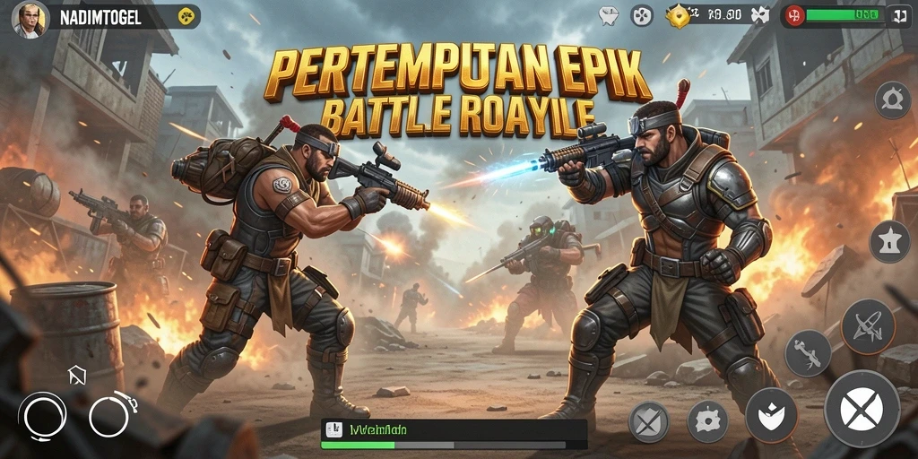 Tampilan aksi seru gameplay NADIMTOGEL dalam pertempuran Battle Royale.