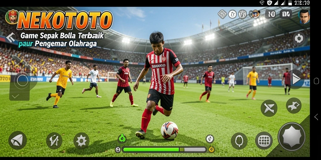 Screenshot gameplay NEKOTOTO menampilkan aksi sepak bola yang mendebarkan.