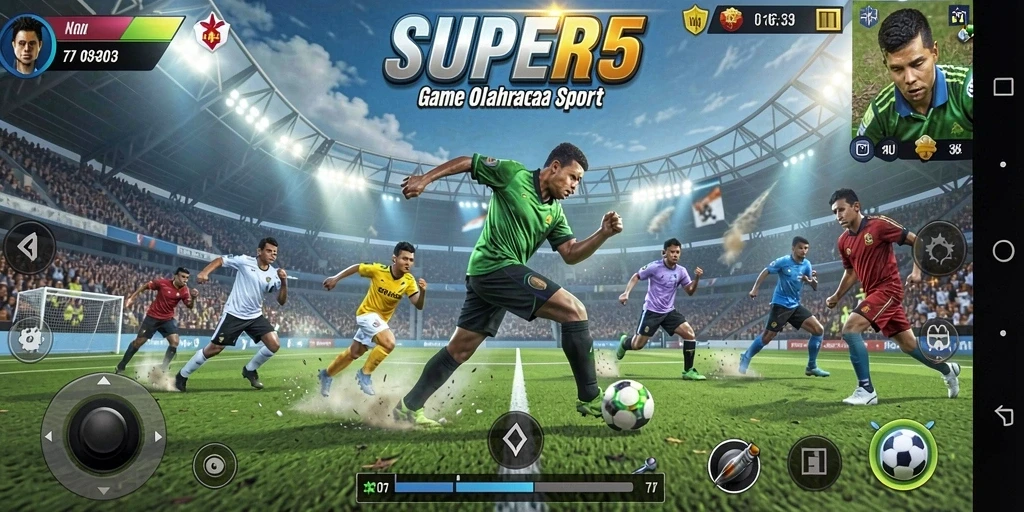 Tangkapan layar gameplay SUPER5 menunjukkan aksi olahraga seru.